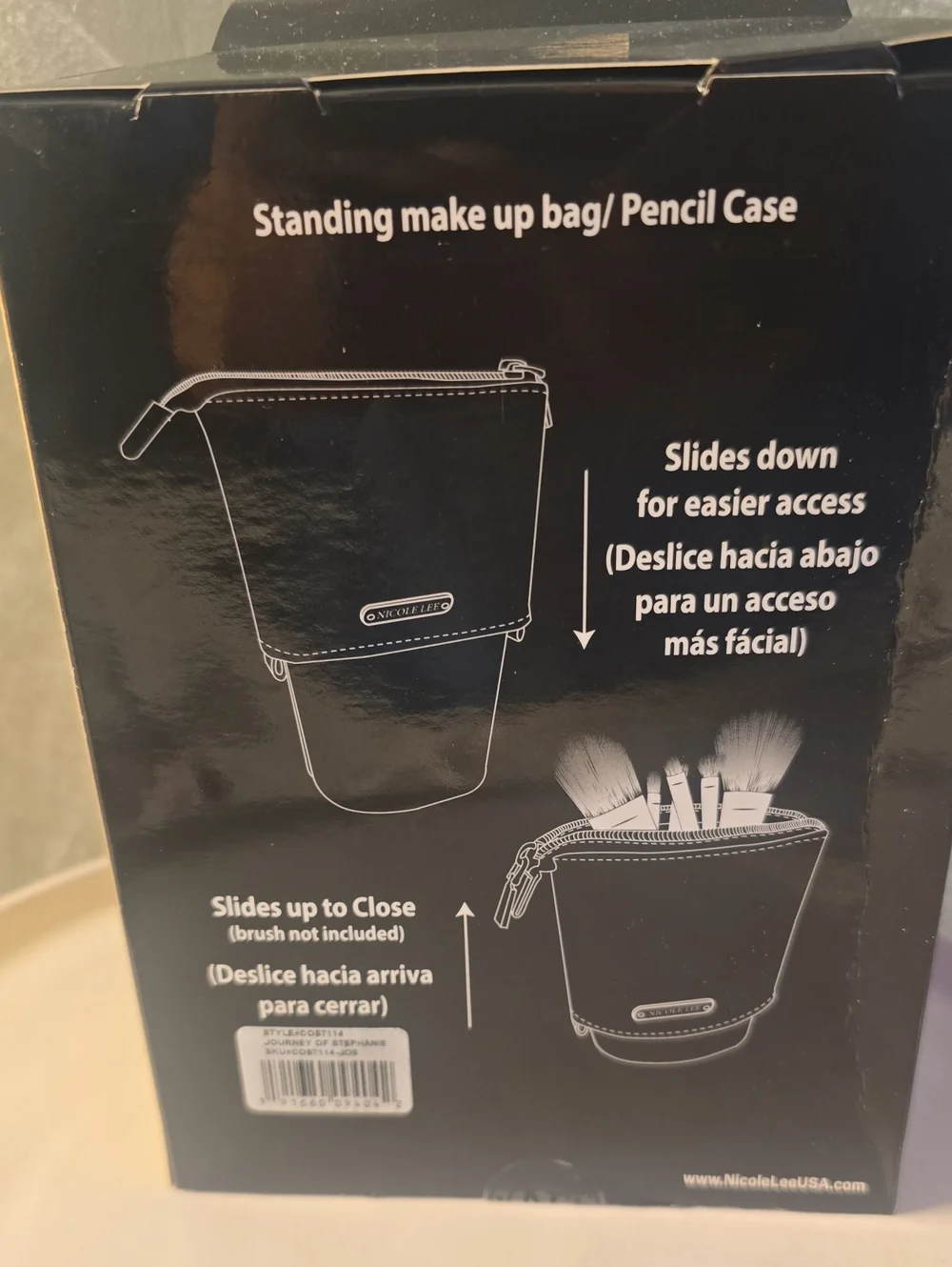 Nicole Lee Standing Cosmetic Makeup Pouch, Slides Down For Easier Access New